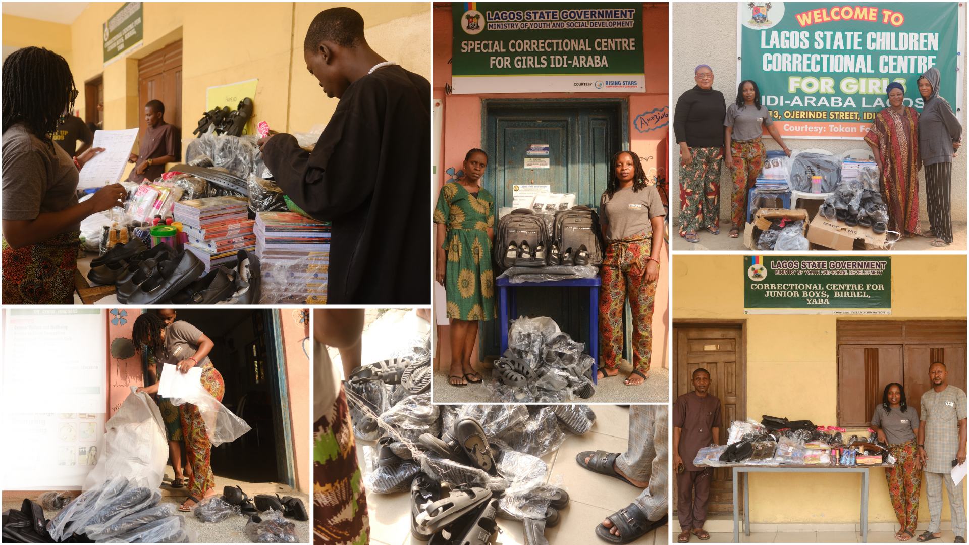 Top/bottom left: Sorting supplies for 4 Children's Centers 9 (CCJB, CCSB, CCCG and SCCG) Center: Supplies donated to SCCG Top right: Supplies donated to CCCG Bottom right: Supplies donated to CCJB