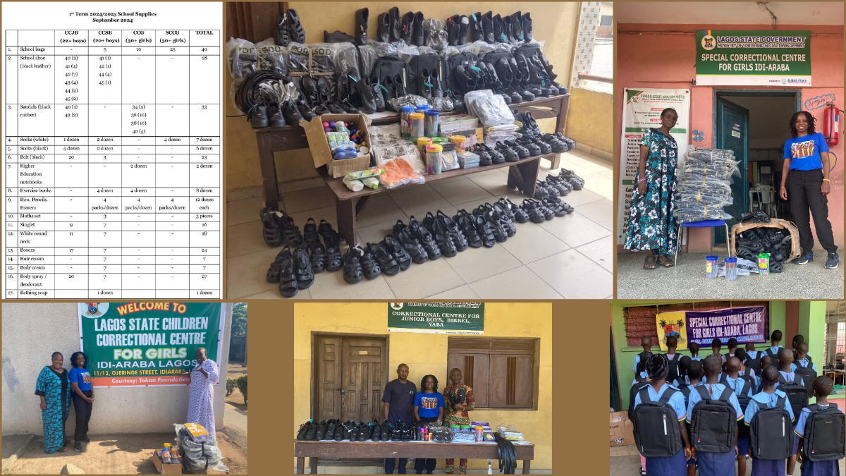 Top row: 1st Term supplies list for 4 Children's Centers (CCJB, CCSB, CCCG and SCCG); Purchased supplies for the 4 Centers; Supplies donated to SCCG Bottom row: Supplies donated to CCCG; Supplies donated to CCJB; School bags worn by the girls at SCCG